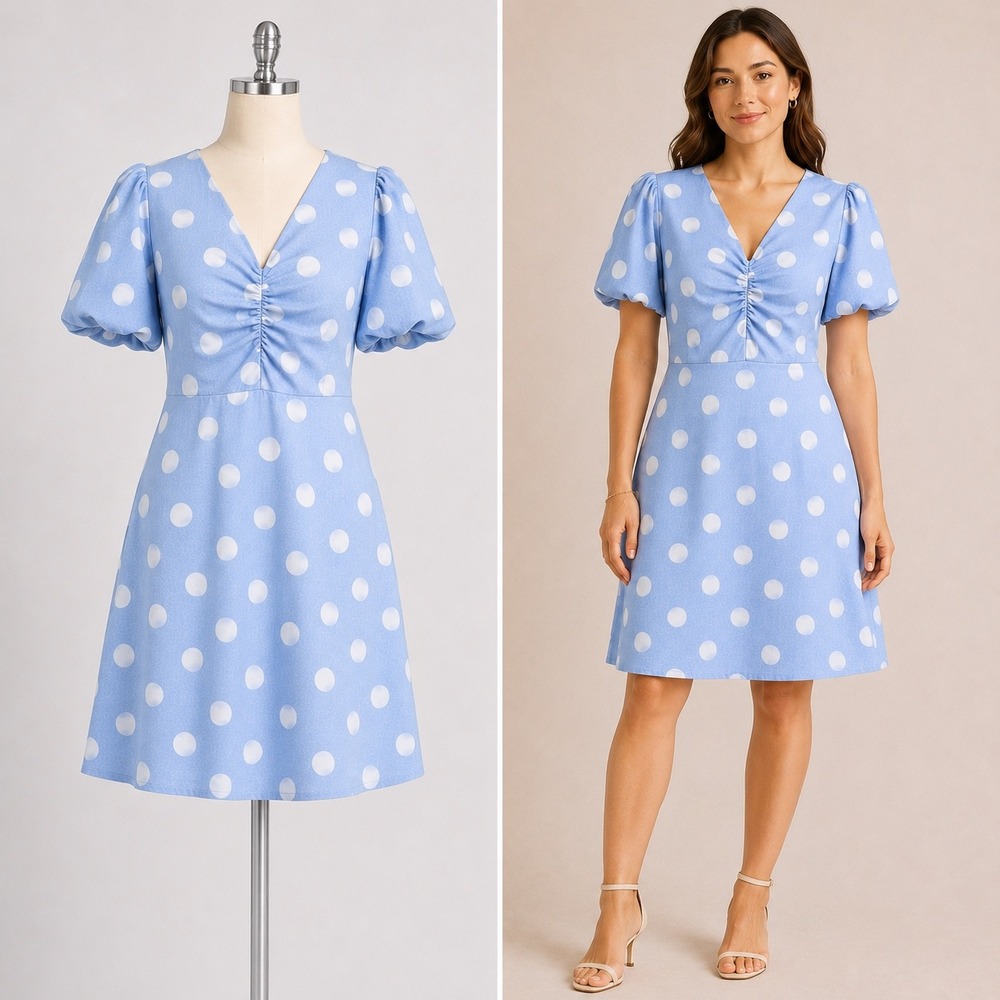 LOFT Polka Dot Mini Dress 0 Blue White Linen Blend Puff Sleeve Cottage Femin NEW